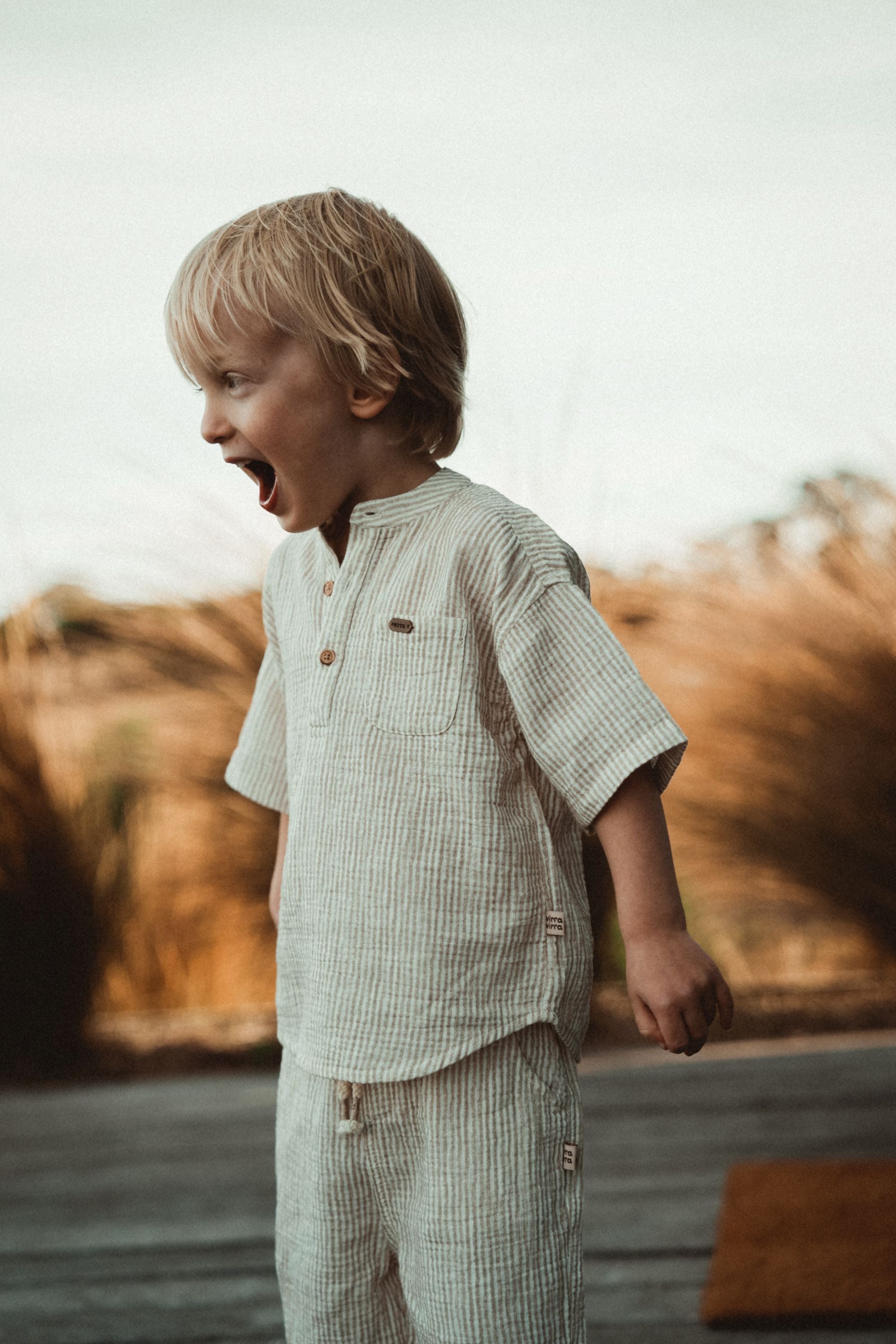 wirrawirra baby stuff striped short sleeved shirt oatmeal 24 Summer Blouses Boys New Arrivals Shirts